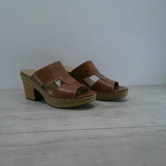 Naturalizer Evette Cognac Leather Slides Platform Wedge Peep toe Sandals 12 Wide - Picture 10 of 14